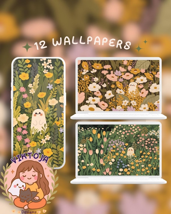 Kawaii Spring Ghost Wallpaper, Pastel Flower Screensaver (Digital Download)