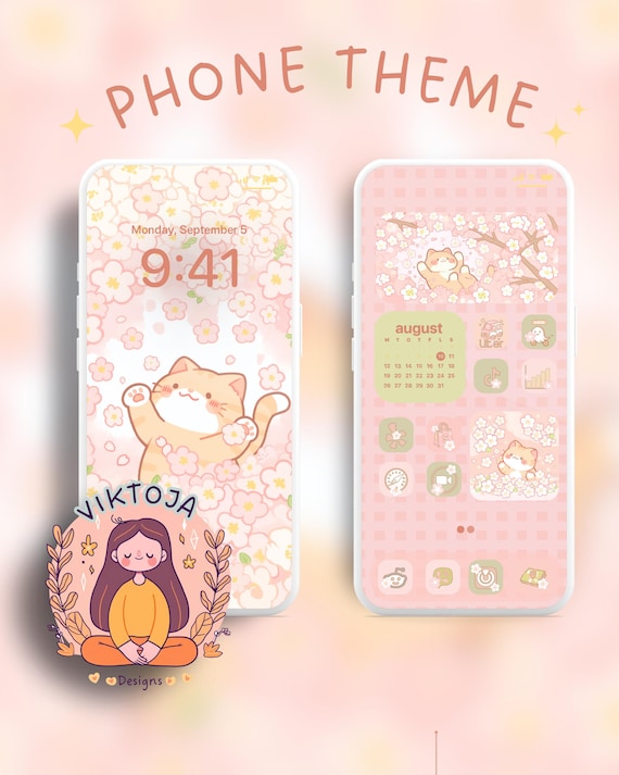 Sakura Cat Phone Theme: Kawaii iOS/Android Icons & Wallpaper (Digital Download)
