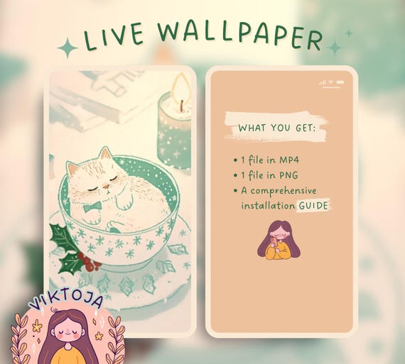 Cozy Christmas Cat Live Wallpaper: Kawaii Hygge iOS Android (MP4 & PNG)