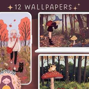 May include: A set of 12 digital wallpapers featuring a whimsical autumn forest scene with a girl in a forest, a frog on a mushroom, and a black cat. The text "12 WALLPAPERS" is at the top of the image.