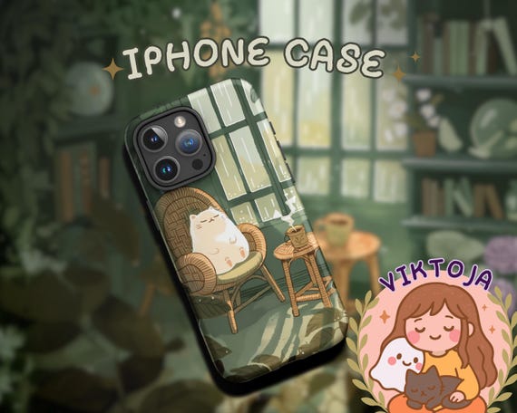 Kawaii rain Cat iPhone Case: cozy green autumn Art, hygge fall Gift