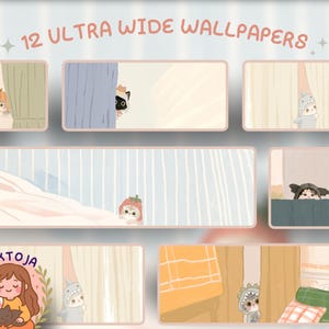 Puede incluir: Una colección digital titulada 12 ULTRA WIDE WALLPAPERS que presenta varias ilustraciones de gatos con disfraces de calabaza, fresa y tiburón, asomándose detrás de cortinas, con un logotipo que muestra a una persona sosteniendo un gato.
