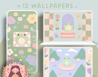 Pastel Frog Wallpaper Set, Kawaii Phone Tablet Backgrounds (Digital Download)