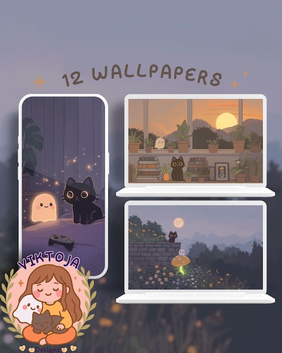 Lofi Inky and Ghosty Wallpaper: Pastel Plant Cozy Desktop (Digital Download)