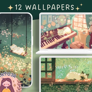 Moody Cats behang planten behang boeken Wallpaper desktop bundel gezellig behang kawaii Instant Download anime behang katten ipad