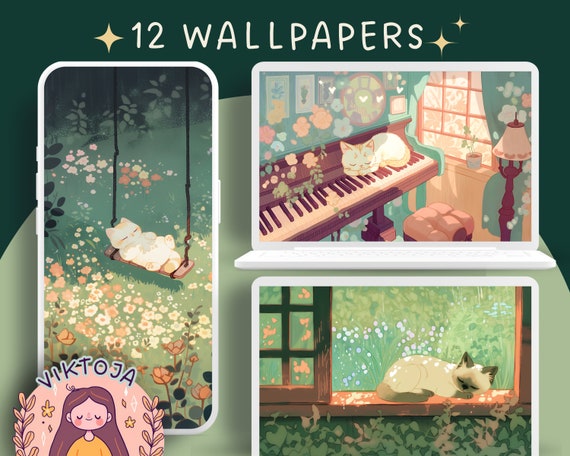 Cozy Cats Wallpaper Bundle: Moody Anime Style (Digital Download)