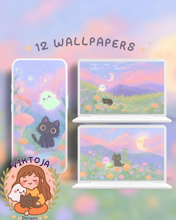 Dreamy Spring Black Cat and ghost Wallpaper: 12 Pastel Phone & Desktop Backgrounds (Digital Download)