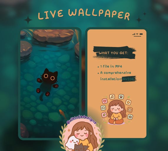 Inky Floating Live Wallpaper: Kawaii Hygge iOS Android Background (MP4 Digital Download