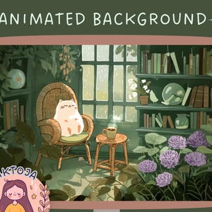 May include: A digital illustration of a cosy living room with a cat sitting in a wicker chair. The room features a bookshelf filled with books, a window with rain falling outside, and a potted plant. The text "ANIMATED BACKGROUND" is displayed at the top of the image.