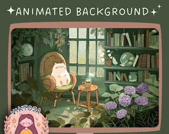Cozy Lofi Cat Animated Vtuber Background: Rain & Plants Stream Overlay