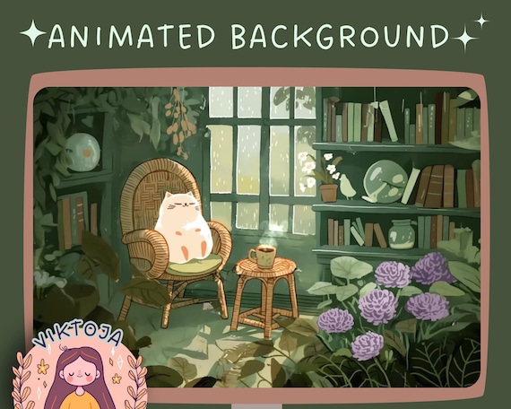 Cozy Lofi Cat Animated Vtuber Background: Rain & Plants Stream Overlay