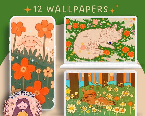 Kawaii Animals & Flowers Phone Wallpaper Set (Digital Download)