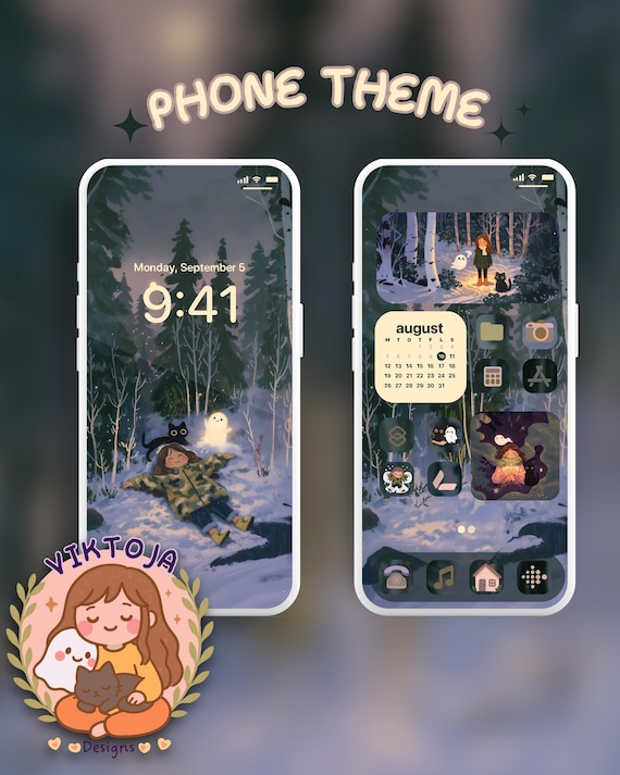 Winter nights  Cat Phone Theme: iOS Android Icons & Wallpaper (Digital Download) green, purple, blue.