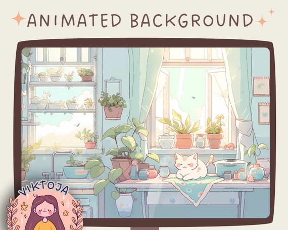 Cozy Lofi Cat Vtuber Animated Background: Twitch Stream Overlay (MP4)