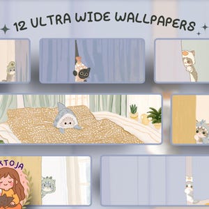 Peut inclure: Une collection numérique intitulée 12 ULTRA WIDE WALLPAPERS présentant diverses illustrations de chats portant des costumes d'animaux, dont un requin, se cachant derrière des rideaux ou se reposant sur un lit, avec le logo VIKTOJA.