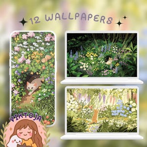 May include: An artistic display featuring a phone case and two laptops, all showcasing nature-themed wallpapers. The phone case displays a floral scene with a cat. The laptops show similar garden landscapes with cats. Text reads "12 WALLPAPERS".