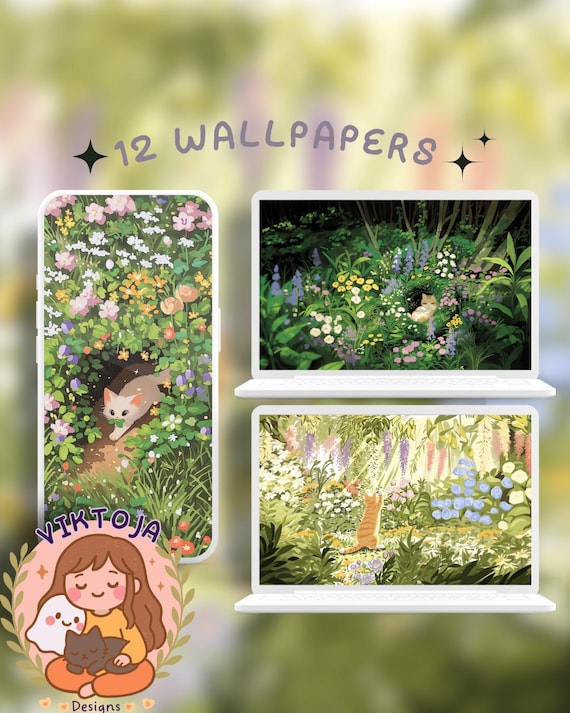 Spring Flower cats Wallpaper: colorful Desktop & Phone Backgrounds (Digital Download)