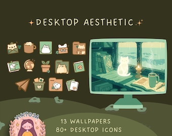 Cozy Cat Desktop Wallpaper Bundle: Boho Kawaii Icons (Digital Download)