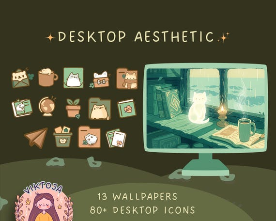 Cozy Cat Desktop Wallpaper Bundle: Boho Kawaii Icons (Digital Download)