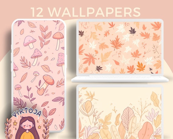 Autumn Leaves Wallpaper Set: Pink Pastel Desktop Backgrounds (Digital Download)