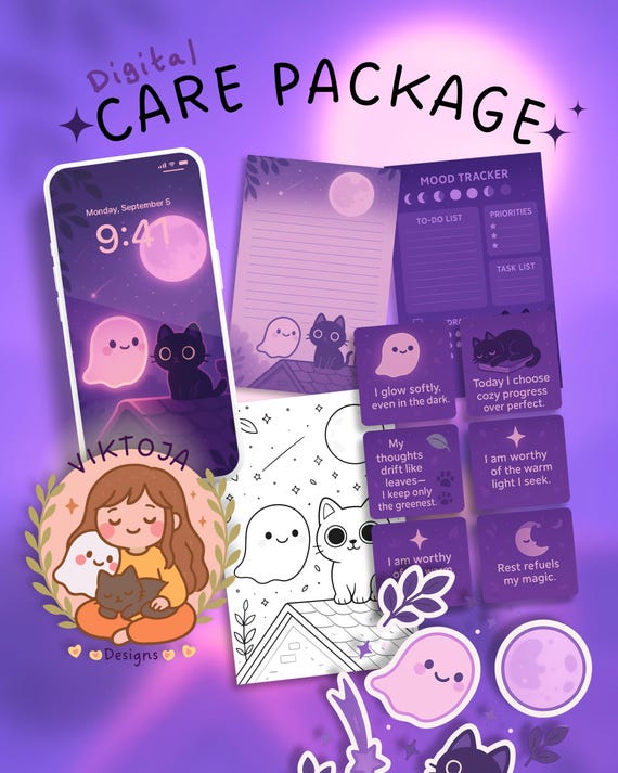 Purple Moon Digital Care Package: Wallpaper, Stickers, Journal (PDF)