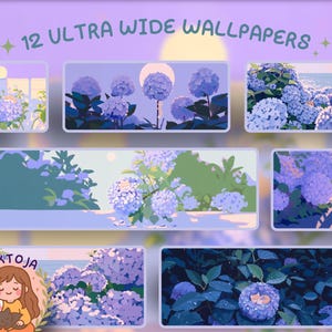 Può includere: Stampa d'arte digitale con 12 sfondi ultra-wide. Le illustrazioni raffigurano ortensie viola in vari contesti, come vicino al mare e nei giardini. Gli sfondi hanno una palette di colori tenui e pastello e il testo "12 ULTRA WIDE WALLPAPERS".
