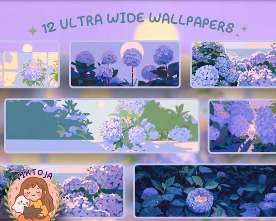 blue hydrangea fox kawaii Ultrawide Wallpaper Set Desk Setup Desktop for 21:9 32x9