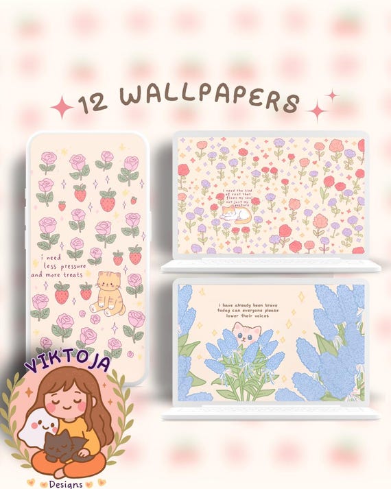 Kawaii spring quotes cats Wallpaper: Pastel Pink Desktop & Phone Backgrounds (Digital Download)