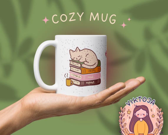 Book Lover Mug: Sleeping Cat on Books, Cozy Ceramic Mug