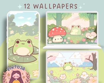 Kawaii Frog Wallpaper Set: Pastel Spring Screensavers (Digital Download)