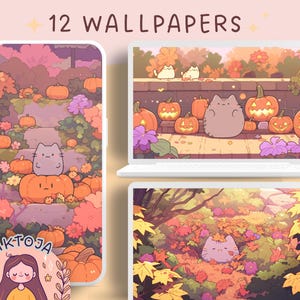 Fondo de pantalla de gatos de calabaza kawaii, fondo de pantalla de otoño, fondo de pantalla de Halloween, protector de pantalla acogedor, fondo kawaii, fondo de pantalla para teléfono, otoño 4k