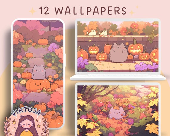 Kawaii Pumpkin Cats Wallpaper: Autumn Halloween Screensaver (Digital Download)