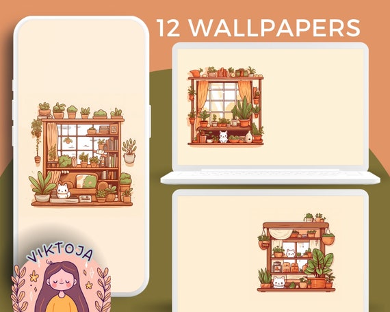 Kawaii Cats Wallpaper Bundle: Cozy Plants & Books (Digital Download)