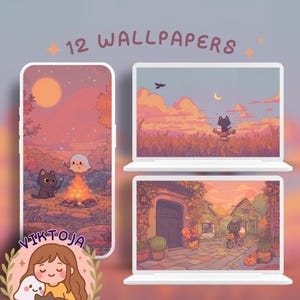 May include: Digital art featuring 12 wallpapers with a whimsical theme. The designs include a phone and two laptops displaying illustrations of cats, ghosts, and outdoor scenes with a warm color palette. The artist's name, Viktoja, is also visible.