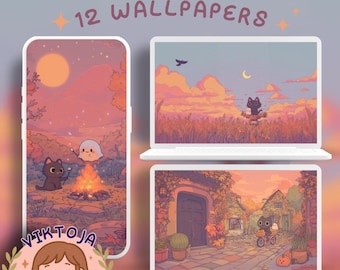May include: Digital art featuring 12 wallpapers with a whimsical theme. The designs include a phone and two laptops displaying illustrations of cats, ghosts, and outdoor scenes with a warm color palette. The artist's name, Viktoja, is also visible.