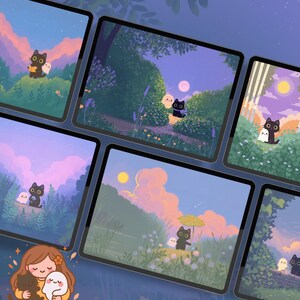 May include: A collection of digital art prints featuring whimsical illustrations of black cats and ghost-like figures in serene, pastel-colored landscapes. Each print showcases a unique scene with soft lighting and a dreamy aesthetic, perfect for wall decor.