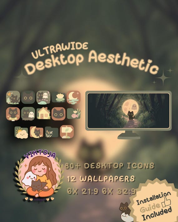 Ghosty Forest Desktop Wallpaper & Icons, Kawaii Theme (Digital Download)