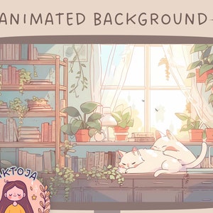 May include: A digital illustration of a cosy room with a window, bookshelf, plants, and two white cats napping on a desk. The room is filled with warm sunlight.