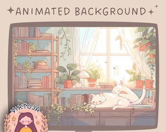 Cozy Lofi Cats Animated Vtuber Background, Plants Stream Overlay