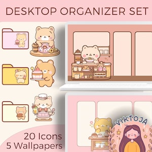 Zestaw organizerów na pulpit Bear Cafe, przytulne tapety, ikony kawy, anime, pastelowe, organizery na pulpit, słodkie ikony na pulpit, różowa tapeta, kawaii