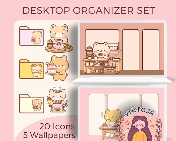 Bear Cafe Desktop Organizer Set: Kawaii Pastel Icons & Wallpapers (Digital Download)