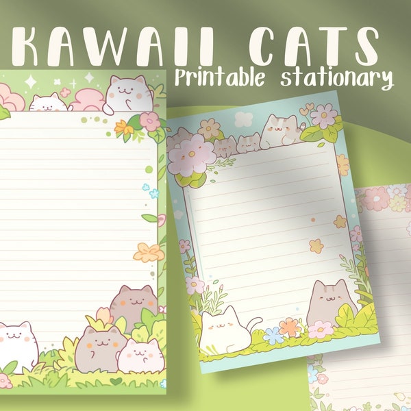 Kawaii cats stationary printable kawaii pages pastel lined pages cute digital journal pages kawaii good notes digital lined pages kawaii pdf