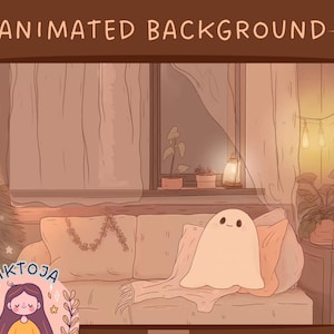 May include: A digital illustration of a cozy living room with a couch, a ghost sitting on the couch, and a Christmas tree in the corner. The room is decorated with string lights and plants. The text "ANIMATED BACKGROUND" is at the top of the image.