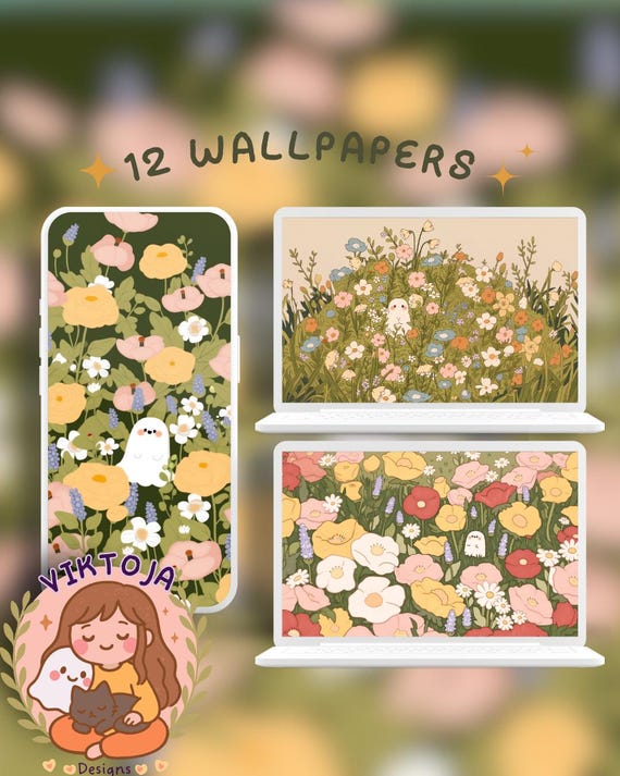Kawaii Spring Ghost Wallpaper, Pastel Flower Screensaver (Digital Download)