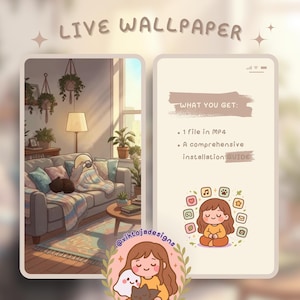 Może przedstawiać: Cyfrowa tapeta na żywo przedstawiająca przytulny salon z sofą, roślinami i lampą. Drugi ekran pokazuje, co otrzymujesz: plik MP4 i instrukcję instalacji. Tekst "LIVE WALLPAPER" znajduje się na górze.