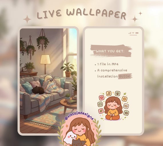 Plants and books light 2 Cat Live Wallpaper: Kawaii Hygge iOS/Android (MP4)