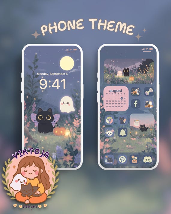 butterfly Halloween Cat Phone Theme: iOS Android Icons & Wallpaper (Digital Download)