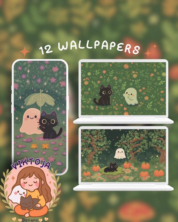 Halloween Wallpaper Set: Green Inky Ghost, Pumpkin (Digital Download)
