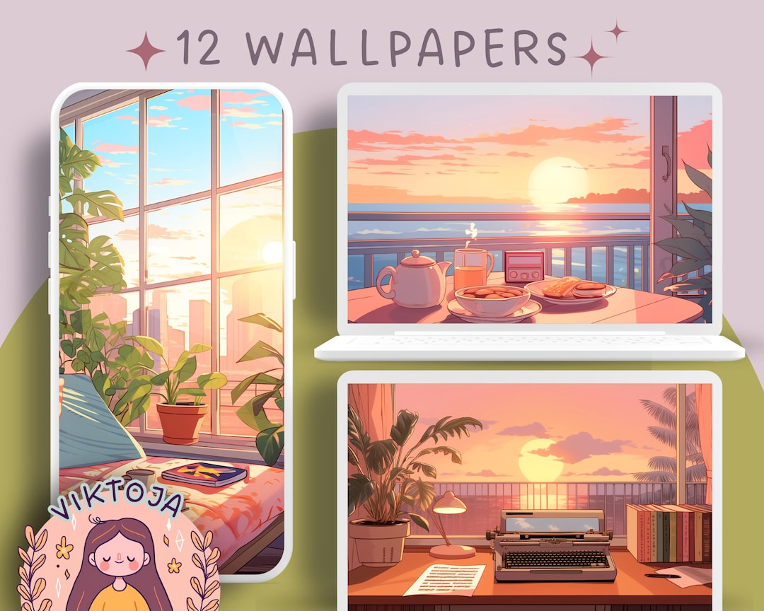 Lofi Anime Wallpaper Set: Pastel Sunrise Backgrounds (digital Download ...