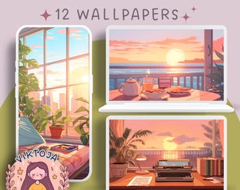 Conjunto de papéis de parede de anime Lofi: fundos de nascer do sol em tons pastel (download digital)